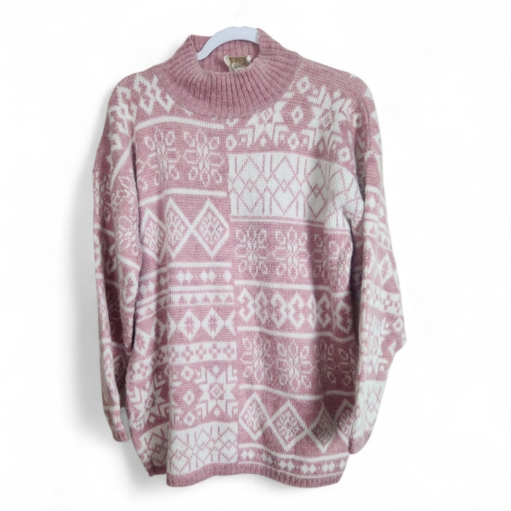Vintage Needles & Yarn Pink Fair Isle Pullover Knit Sweater Large Holiday Winter